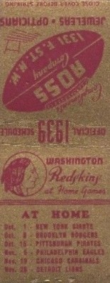 1939 Ross Jewelry Redskins Matchbooks Back